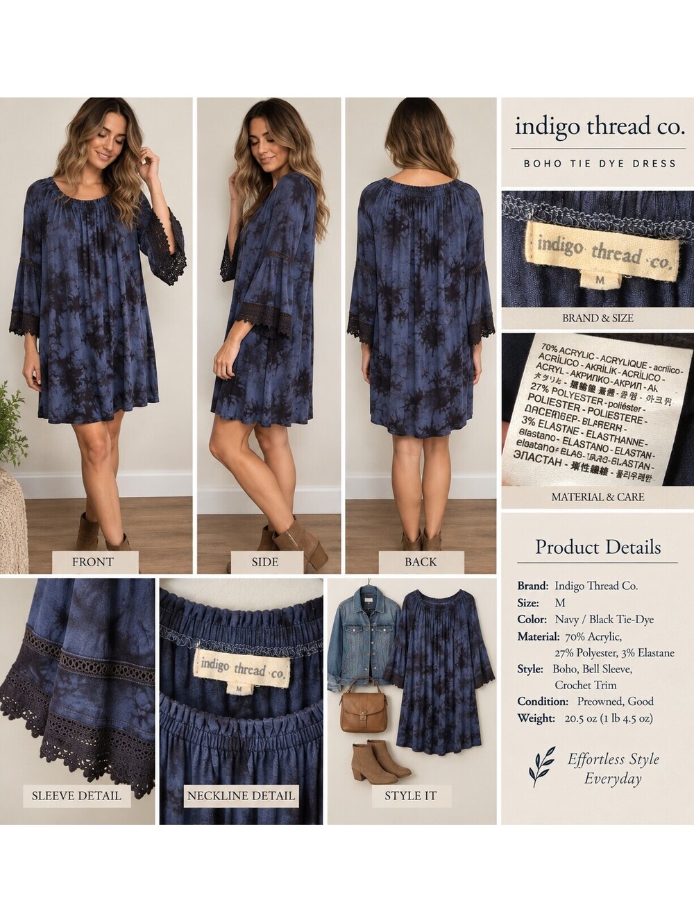Indigo Thread Co Blue Tie Dye Boho Dress size m